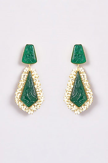 Gold Finish Carved Onyx & Pearl Dangler Earrings
