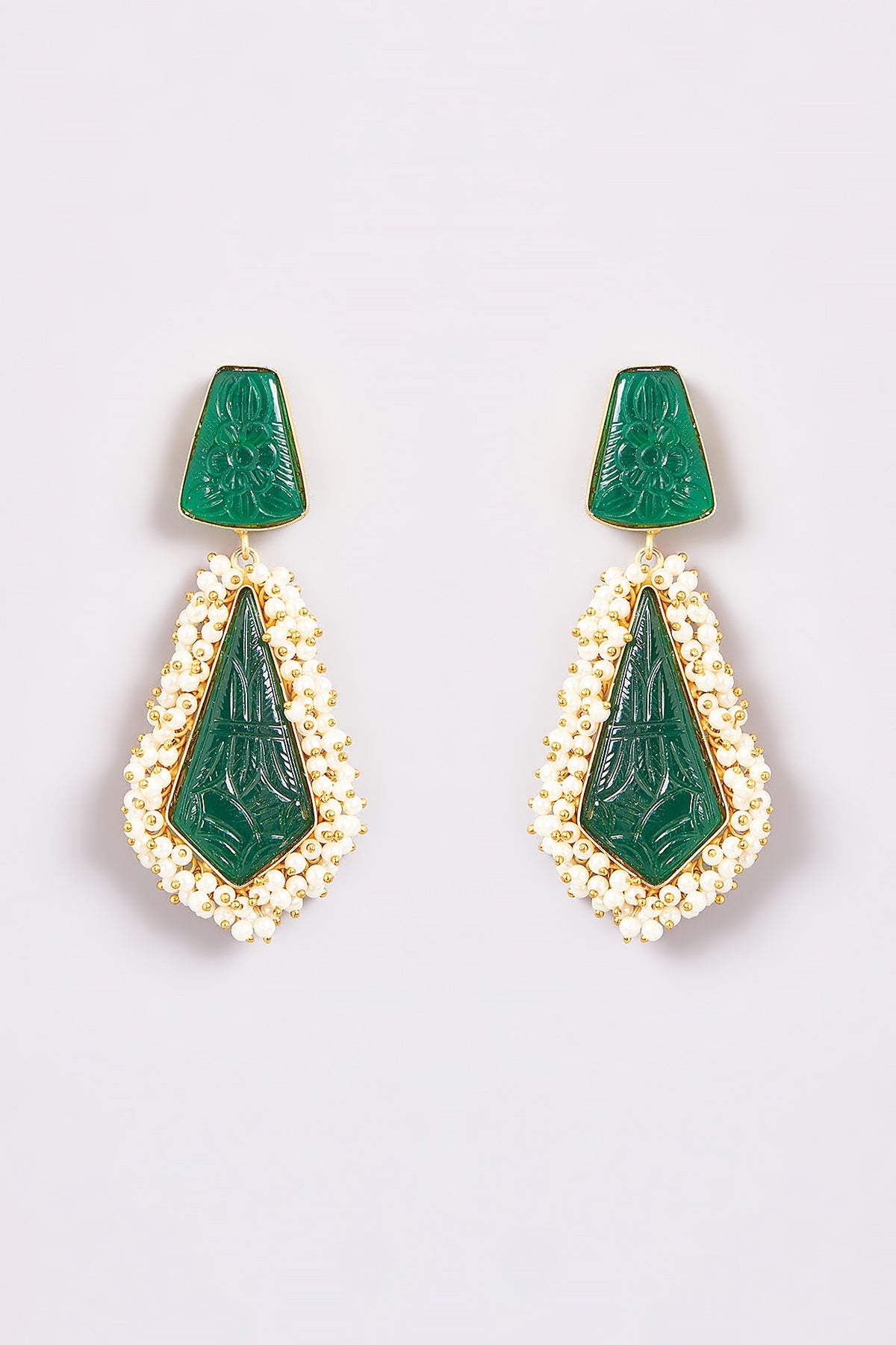 Gold Finish Carved Onyx & Pearl Dangler Earrings