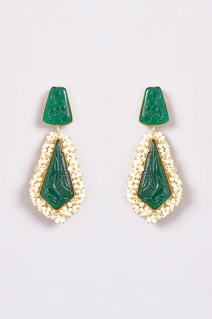 Gold Finish Carved Onyx & Pearl Dangler Earrings