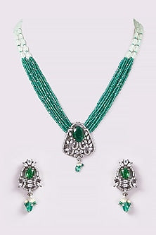 Gold Finish Emerald Beaded Long Necklace Set