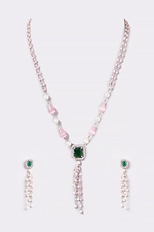 White Finish Beads Long Necklace Set