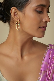 Gold Finish Kundan Polki & Navratna Stone Earrings In Sterling Silver