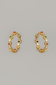 Gold Finish Kundan Polki & Navratna Stone Earrings In Sterling Silver