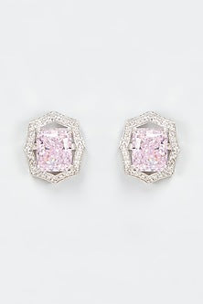 White Finish Pink Stone Earrings In Sterling Silver