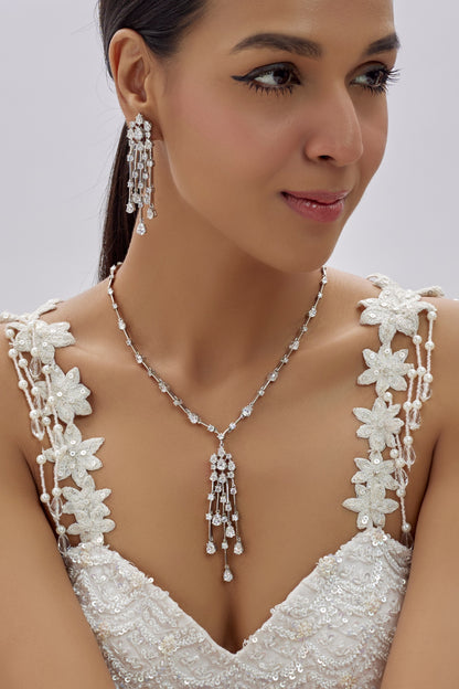 White Finish Zircon Necklace Set In Sterling Silver