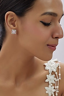 White Finish Zircon & Purple Fire Stone Stud Earrings In Sterling Silver