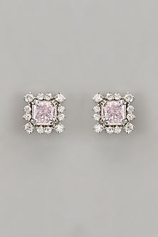 White Finish Zircon & Purple Fire Stone Stud Earrings In Sterling Silver