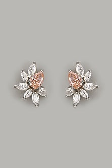 White Finish Zircon & Purple Fire Orange Stud Earrings In Sterling Silver