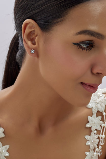 White Finish Swarovski Stud Earrings In Sterling Silver