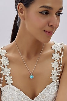 White Finish Zircon & Turquoise Fire Stone Pendant Necklace In Sterling Silver