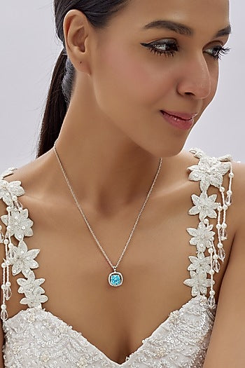 White Finish Zircon & Turquoise Fire Stone Pendant Necklace In Sterling Silver