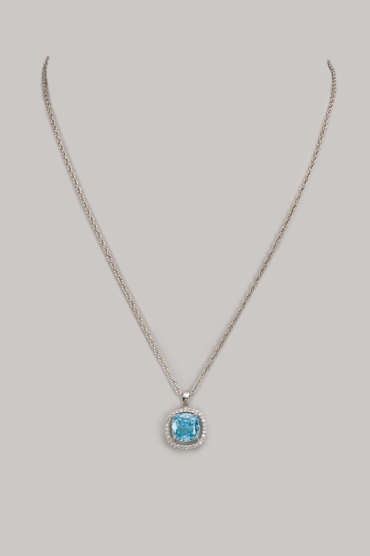 White Finish Zircon & Turquoise Fire Stone Pendant Necklace In Sterling Silver