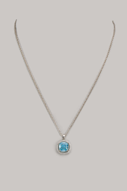 White Finish Zircon & Turquoise Fire Stone Pendant Necklace In Sterling Silver