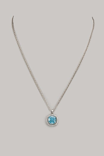 White Finish Zircon & Turquoise Fire Stone Pendant Necklace In Sterling Silver