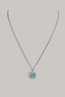 White Finish Zircon & Turquoise Fire Stone Pendant Necklace In Sterling Silver