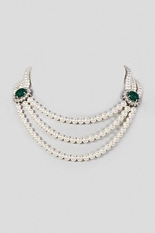 White Finish Pearl & Emerald Necklace In Sterling Silver