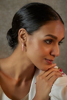 Gold Finish Pink Stone Dangler Earrings In Sterling Silver