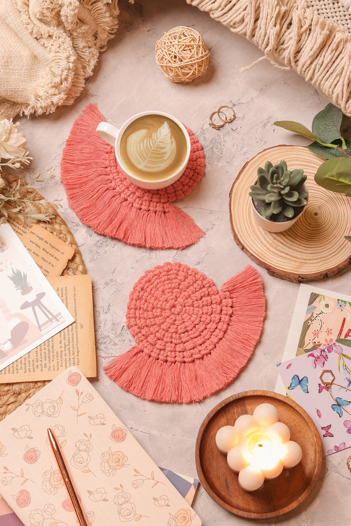 Peach Cotton Fringed Coasters (Set of 4)