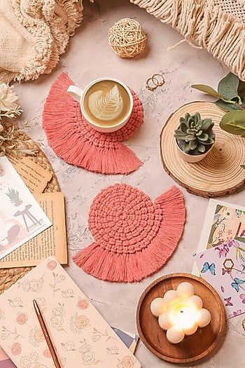 Peach Cotton Fringed Coasters (Set of 4)
