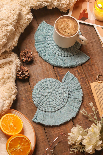 Sky Blue Cotton Fringed Coasters (Set of 4)