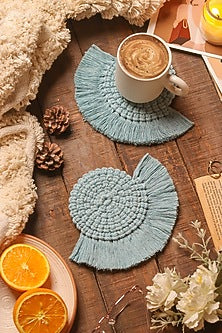 Sky Blue Cotton Fringed Coasters (Set of 4)