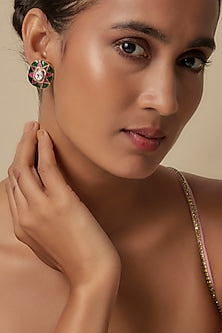 Gold Finish Synthetic Pink & Green Stone Stud Earrings