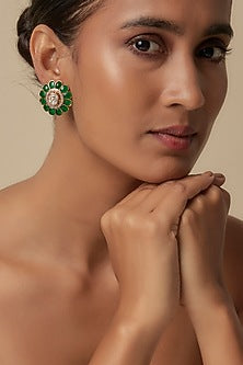 Gold Finish Uncut Zircon & Green Semi-Precious Stone Stud Earrings