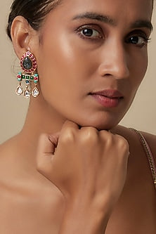 Gold Finish Uncut Zircon & Synthetic Emerald Dangler Earrings