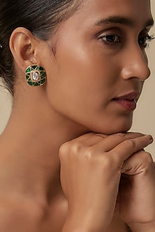 Gold Finish Uncut Zircon & Synthetic Emerald Stud Earrings