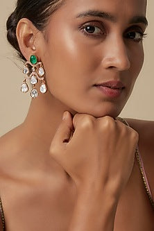 Gold Finish Uncut Zircon & Synthetic Emerald Dangler Earrings