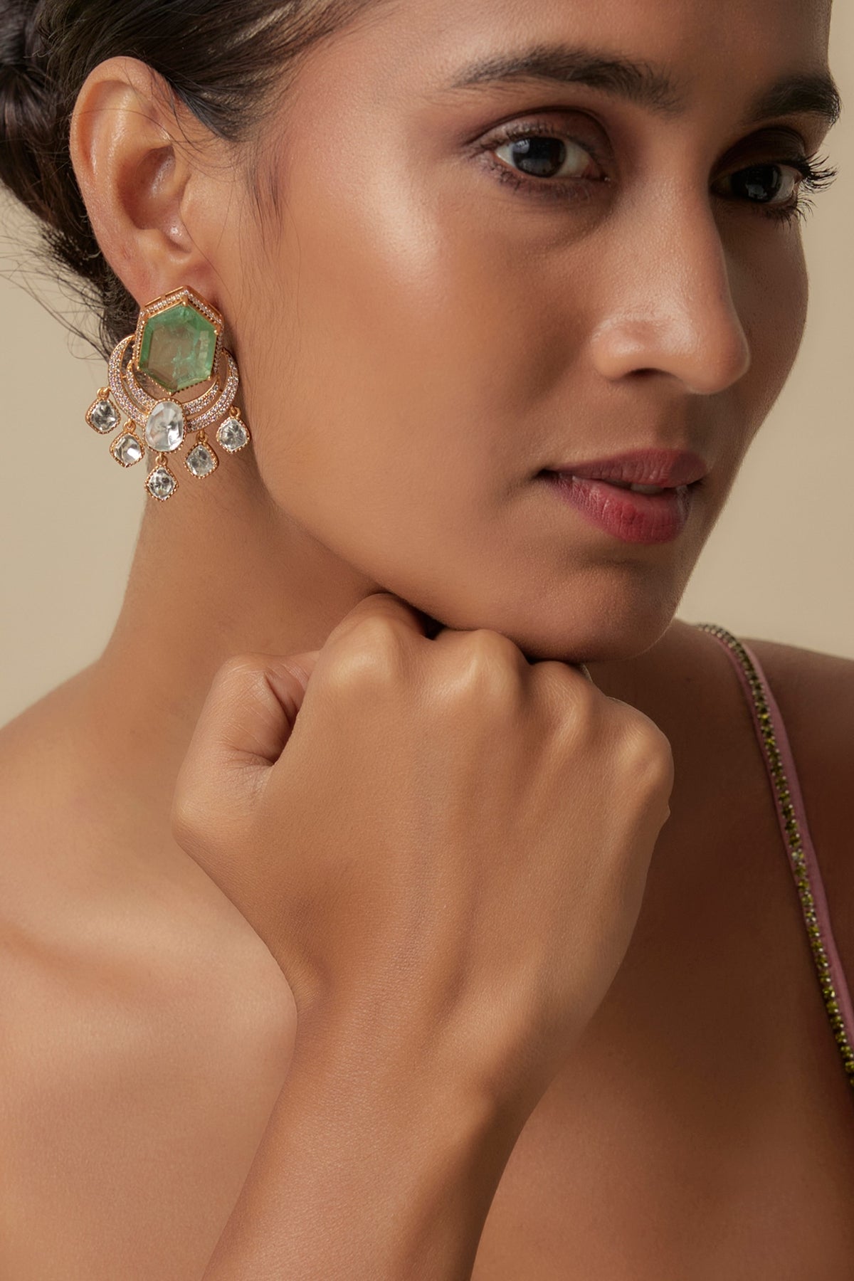Gold Finish Uncut Zircon & Synthetic Emerald Dangler Earrings