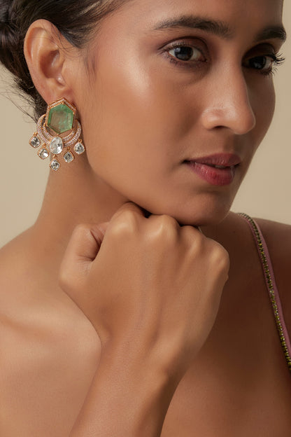 Gold Finish Uncut Zircon & Synthetic Emerald Dangler Earrings