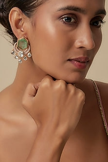 Gold Finish Uncut Zircon & Synthetic Emerald Dangler Earrings