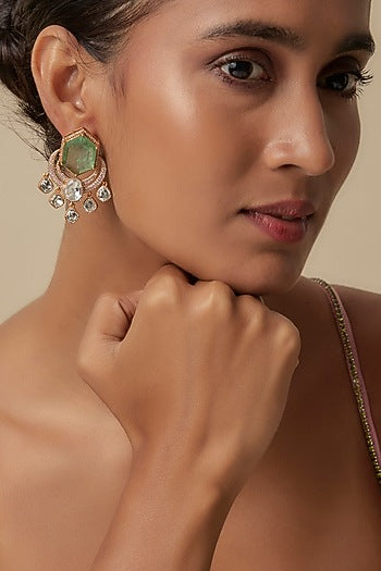 Gold Finish Uncut Zircon & Synthetic Emerald Dangler Earrings