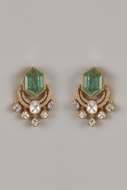 Gold Finish Uncut Zircon & Synthetic Emerald Dangler Earrings