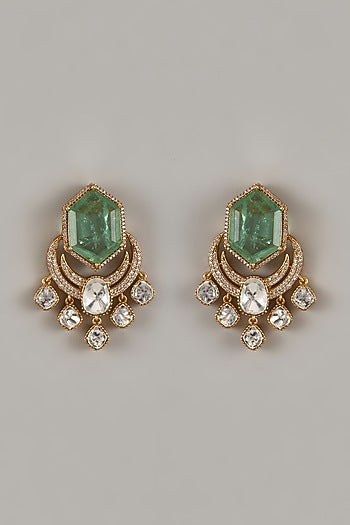 Gold Finish Uncut Zircon & Synthetic Emerald Dangler Earrings