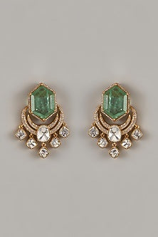 Gold Finish Uncut Zircon & Synthetic Emerald Dangler Earrings