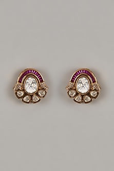 Gold Finish Uncut Zircon & Synthetic Ruby Stud Earrings