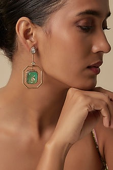 Gold Finish Uncut Zircon & Green Stone Dangler Earrings
