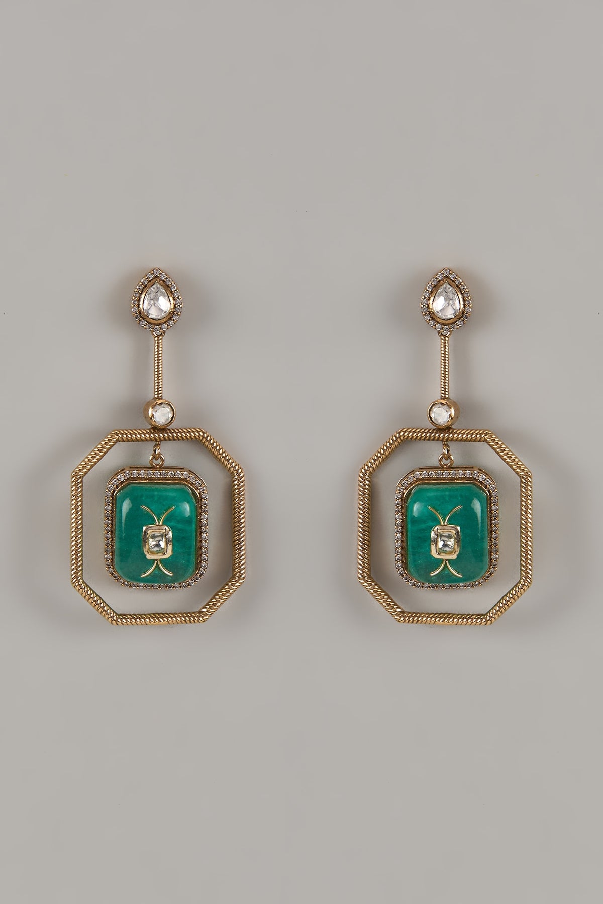 Gold Finish Uncut Zircon & Green Stone Dangler Earrings