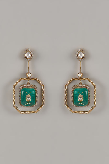 Gold Finish Uncut Zircon & Green Stone Dangler Earrings