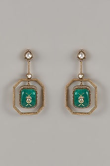 Gold Finish Uncut Zircon & Green Stone Dangler Earrings