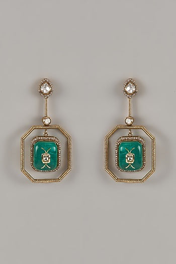 Gold Finish Uncut Zircon & Green Stone Dangler Earrings