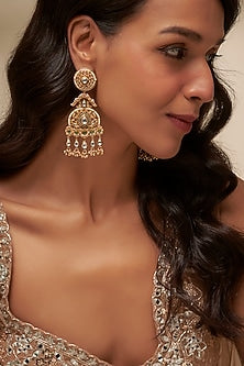 Gold Finish Uncut Zircon & Green Stone Temple Dangler Earrings