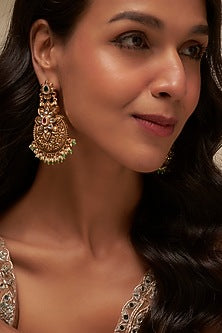 Gold Finish Uncut Zircon & Green Stone Dangler Earrings