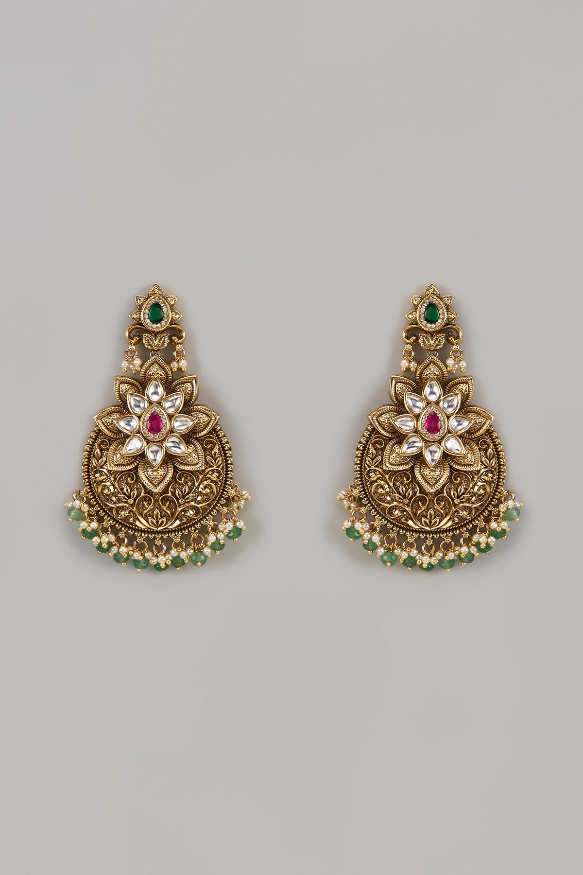 Gold Finish Uncut Zircon & Green Stone Dangler Earrings