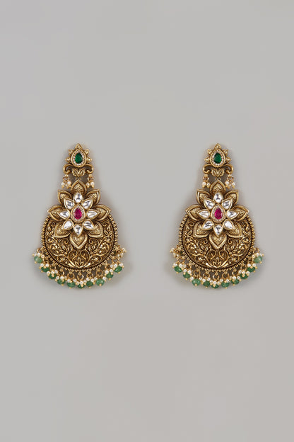 Gold Finish Uncut Zircon & Green Stone Dangler Earrings