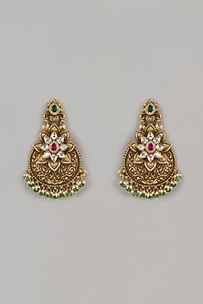 Gold Finish Uncut Zircon & Green Stone Dangler Earrings