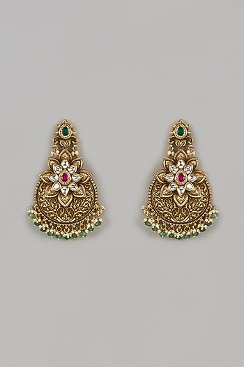 Gold Finish Uncut Zircon & Green Stone Dangler Earrings