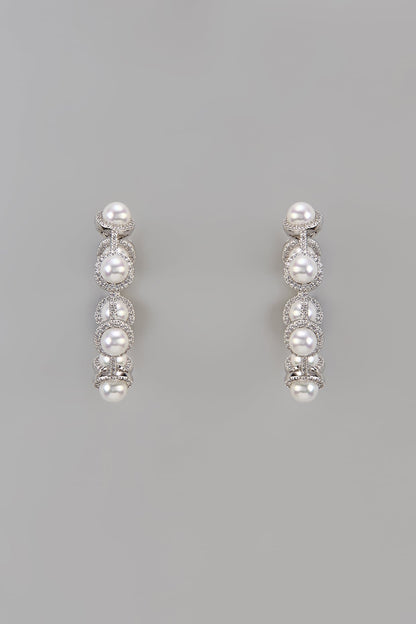 White Finish Uncut Zircon & Pearl Earrings